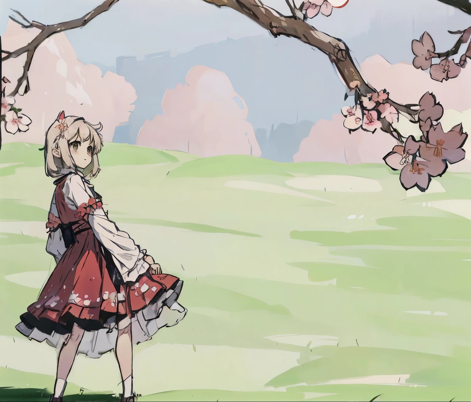 A cherry blossom tree on the right side of the screen,green grasslands,girl sitting under tree,Red ta dress