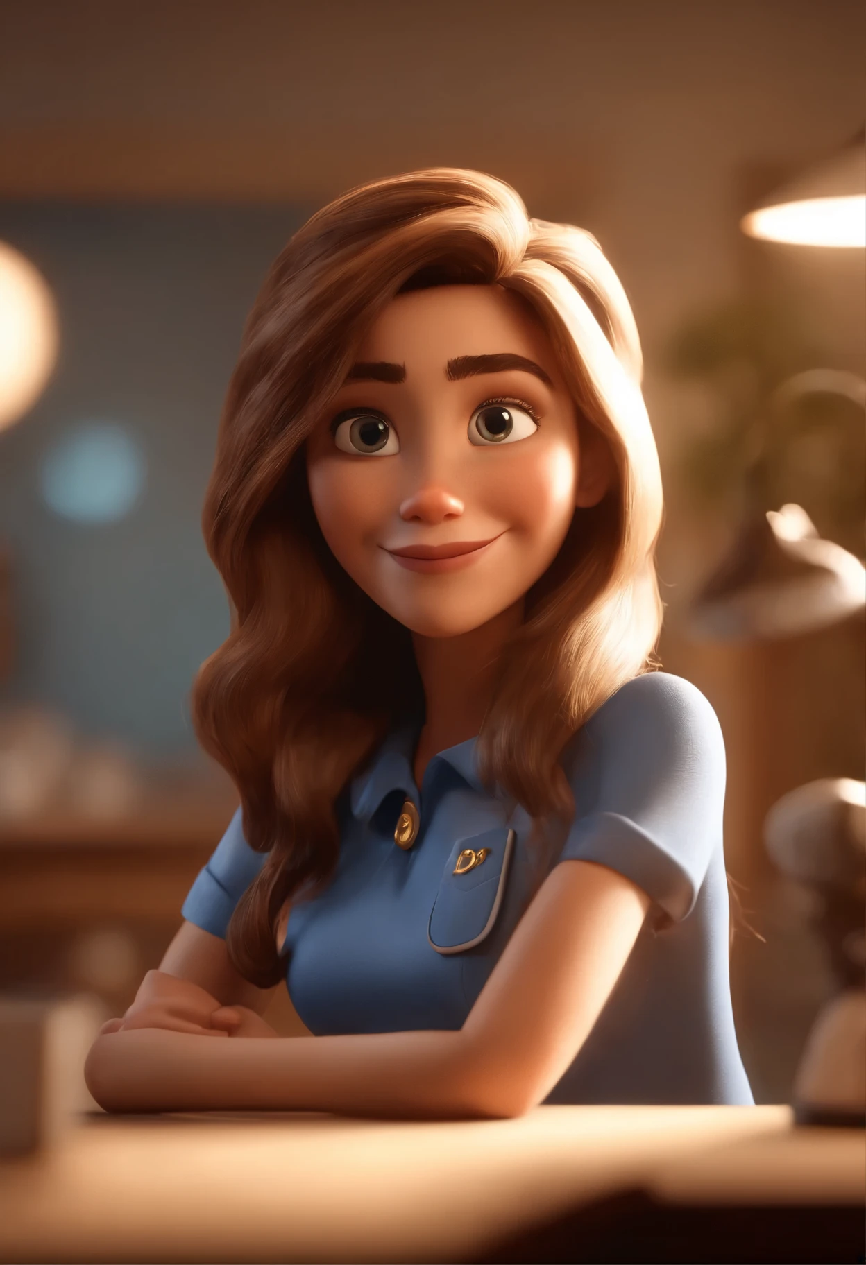 Cartoon character of a young girl ses and a blue shirt, de cabelo curto e castanho, um personagem animado, Caractere estilizado, animation style rendering, 3D estilizado, Arnold Maya render, 3 d render stylized, toon render keyshot, Personagem 3D, Personagem 3D, 3d rendering stylized, 3 d character render, personagem de desenho animado, Personagem de close up, Pose de personagem, (Estilo Pixar) (master part:1.2) (Bokeh) (best quality) (pele detalhada) (textura detalhada) (8k) (argila) (Cinematic lighting) (foco nítido,Sits and empties upper body in a dental office alone.