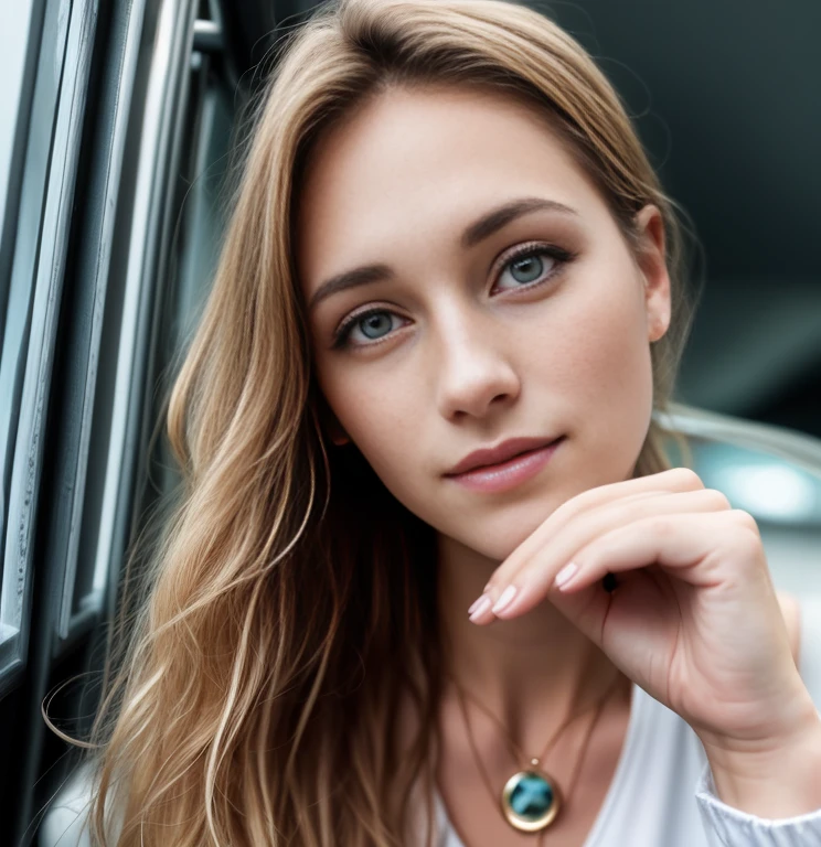 Same face on photo, woman in a white top and brown shorts posing for a picture, with short hair, girl portrait, small freckles, rosey cheeks, blonde hair, cute freckles, natural hair, no makeup wavy hair, 24 year old female model, portrait , perfect face )