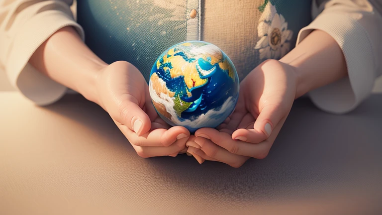Jesus and planet Earth in hands, surrounded. The atmosphere is peaceful and serene, inviting the viewer to immerse themselves in the beauty of the moment. The painting adopts a photorealistic style, showing the artist's ability to capture the smallest details with precision and delicacy. Colors are vibrant and vivid, evoking a sense of joy and wonder