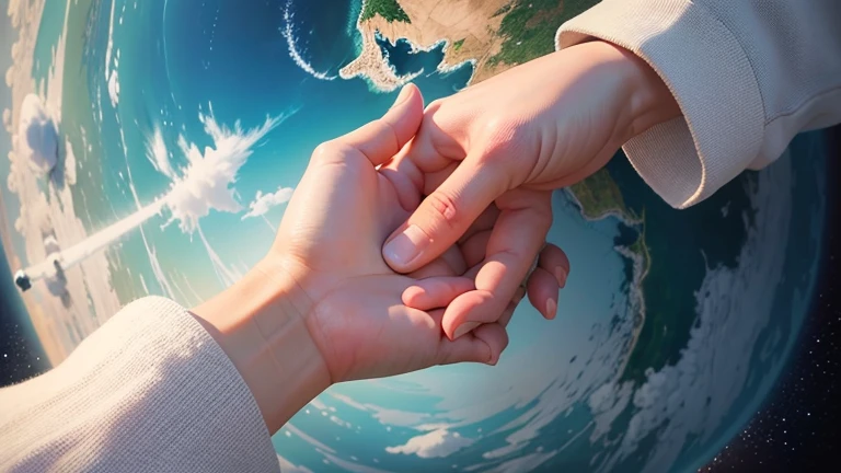 Jesus and planet Earth in hands, surrounded. The atmosphere is peaceful and serene, inviting the viewer to immerse themselves in the beauty of the moment. The painting adopts a photorealistic style, showing the artist's ability to capture the smallest details with precision and delicacy. Colors are vibrant and vivid, evoking a sense of joy and wonder