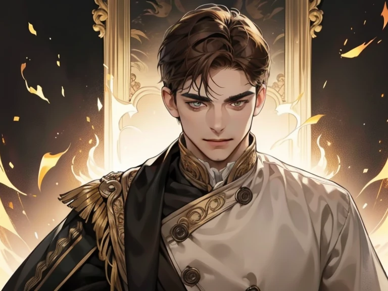 masterpiece, best quality, realistic, 1man, mature male, quiet and charming young man, 22 year old, a smirk, closed mouth, portrait, extremely detailed face, cold and smirk, ((dark gold eyes)), ((short-right-swept dark brown hair)), [thick eyebrows], dark palace, ((King)), dim light, evil, fire background