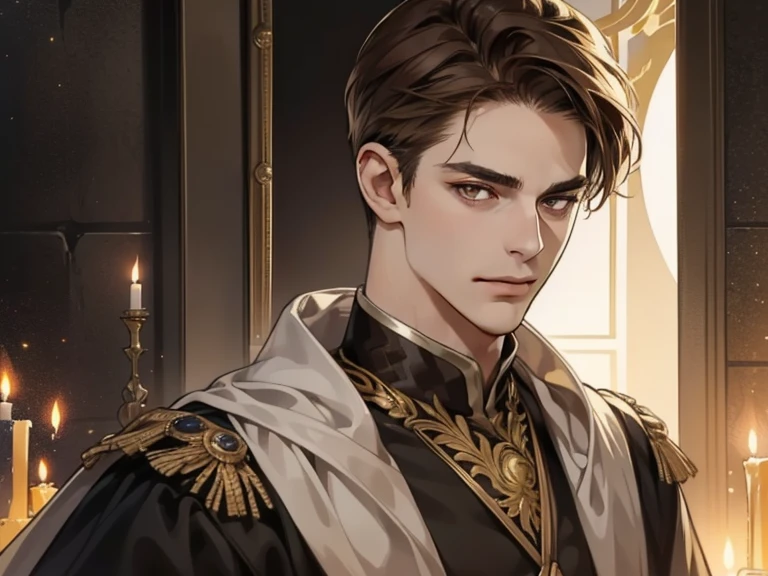 masterpiece, best quality, realistic, 1man, mature male, quiet and charming young man, 22 year old, a smirk, closed mouth, portrait, extremely detailed face, cold and smirk, ((dark gold eyes)), ((short-right-swept dark brown hair)), [thick eyebrows], dark palace, ((King)), dim light, evil, fire background