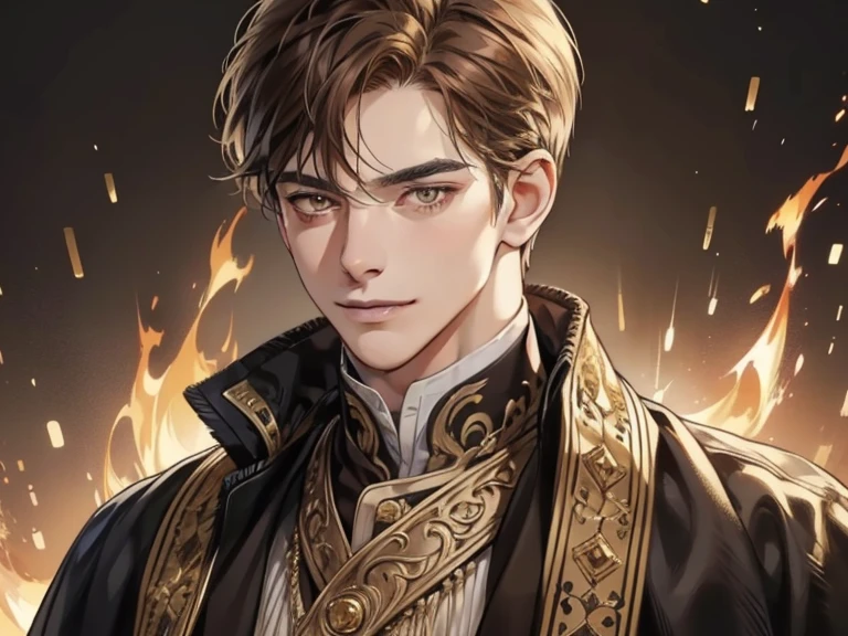 masterpiece, best quality, realistic, 1man,  male, quiet and charming young man, 25 year old, a smirk, closed mouth, portrait, extremely detailed face, cold and smirk, ((dark gold eyes)), ((short-right-swept dark brown hair)), [thick eyebrows], dark palace, ((King)), dim light, evil, fire background