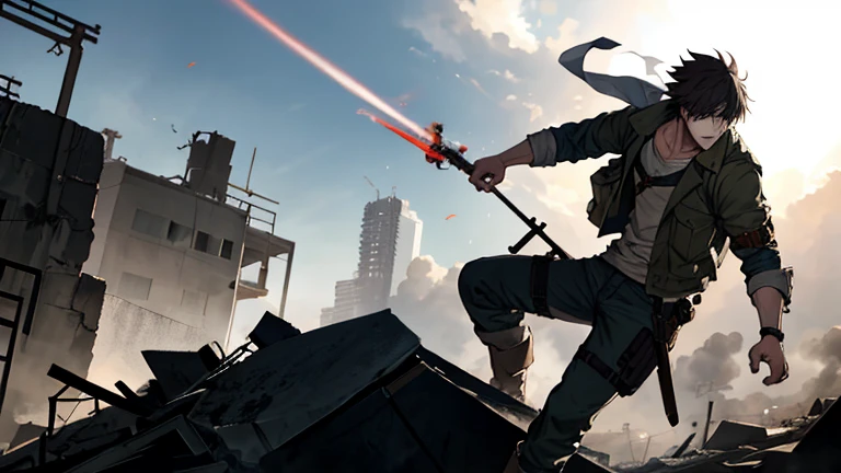 action shot of a cute anime guy in apocalyptic setting,