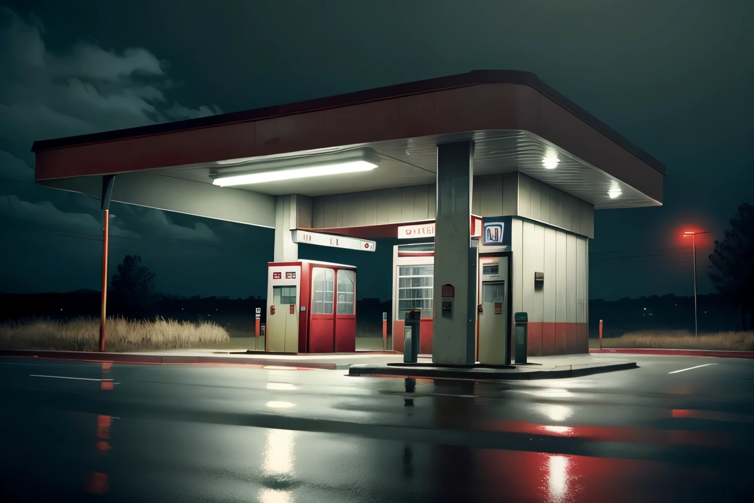 (Ultra realistic) Highway gas station on deserted rainy night, full of tall brush covering the station in a ghoulish horror survival theme.