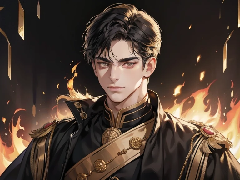masterpiece, best quality, realistic, 1man, mature male, quiet and charming young man, 25 year old, a smirk, closed mouth, portrait, extremely detailed face, cold and smirk, ((dark gold eyes)), ((short-right-swept dark black hair)), [thick eyebrows], dark palace, ((King)), dim light, evil, fire background