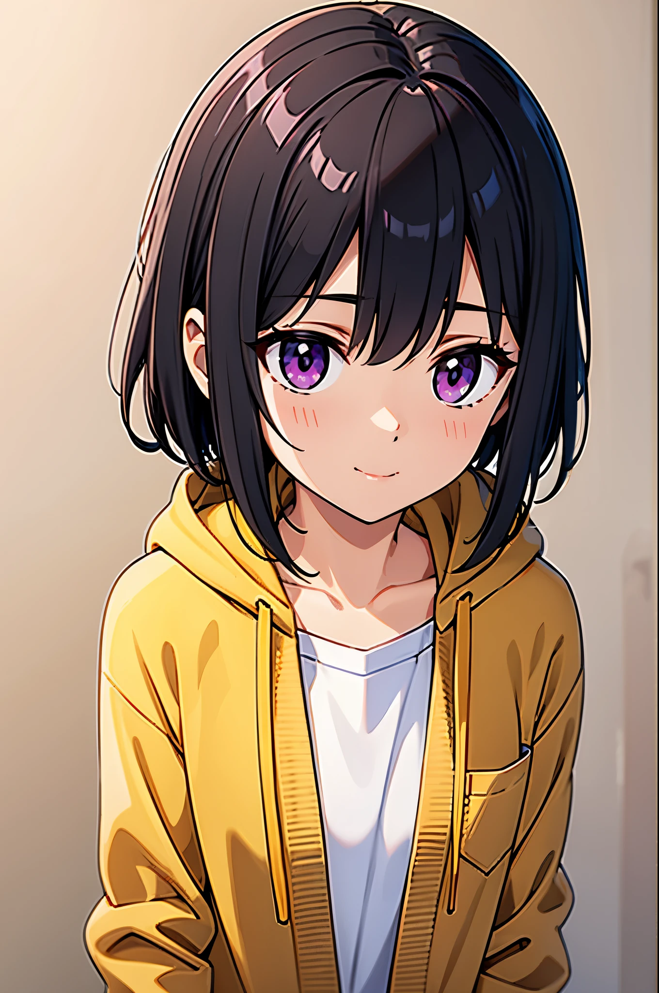 cute,cute, 1 girl, alone, black hair, pixie cut, bangs, (front view), Purple eye, close view, From Adobe, Oversized cardigan with patch pockets and hood, break simple background, younger sister, Upper body, front