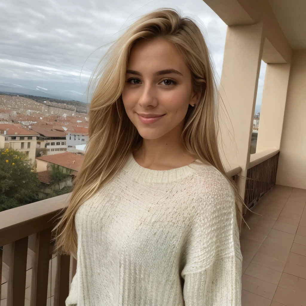 A 23-year-old blonde woman, ((pechos grandes)), ((hiperrealismo)) ,. blonde hair with light brown roots. cabello rubio, Hair with brown roots, cabello extra largo, cabello muy largo, really long hair, Beautiful, Front view, selfie, photo taken with iPhone, elegant green sweater, selfie on the balcony, high quality, HD iPhone, huge breasts, shy smile, ultraHD