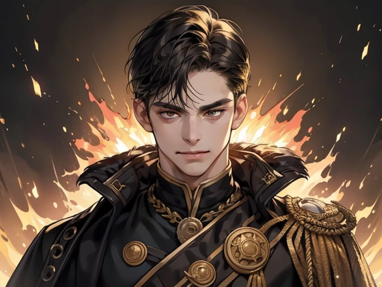 masterpiece, best quality, realistic, 1man, mature male, quiet and charming young man, 25 year old, a smirk, closed mouth, portrait, extremely detailed face, cold and smirk, ((dark gold eyes)), ((short-right-swept dark black hair)), [thick eyebrows], dark palace, ((King)), dim light, evil, fire background