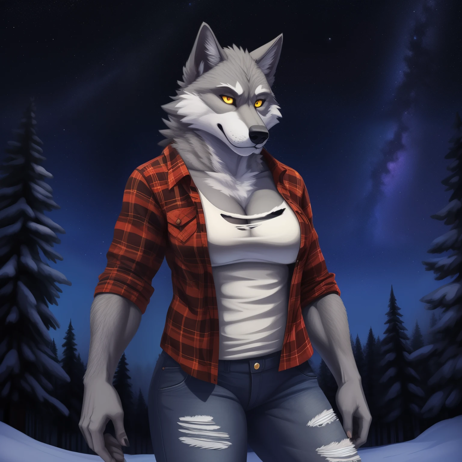 Tall_muscular_mature_wolf female gray_furry_body yellow_eyes very_fluffy misty_breath snowy_forest starry_sky solo Masterpiece best_quality absurdres highly_detailed well_drawn_eyes anthro_only by_greasymojo by_runawaystride torn_flannel_shirt torn_jeans portrait