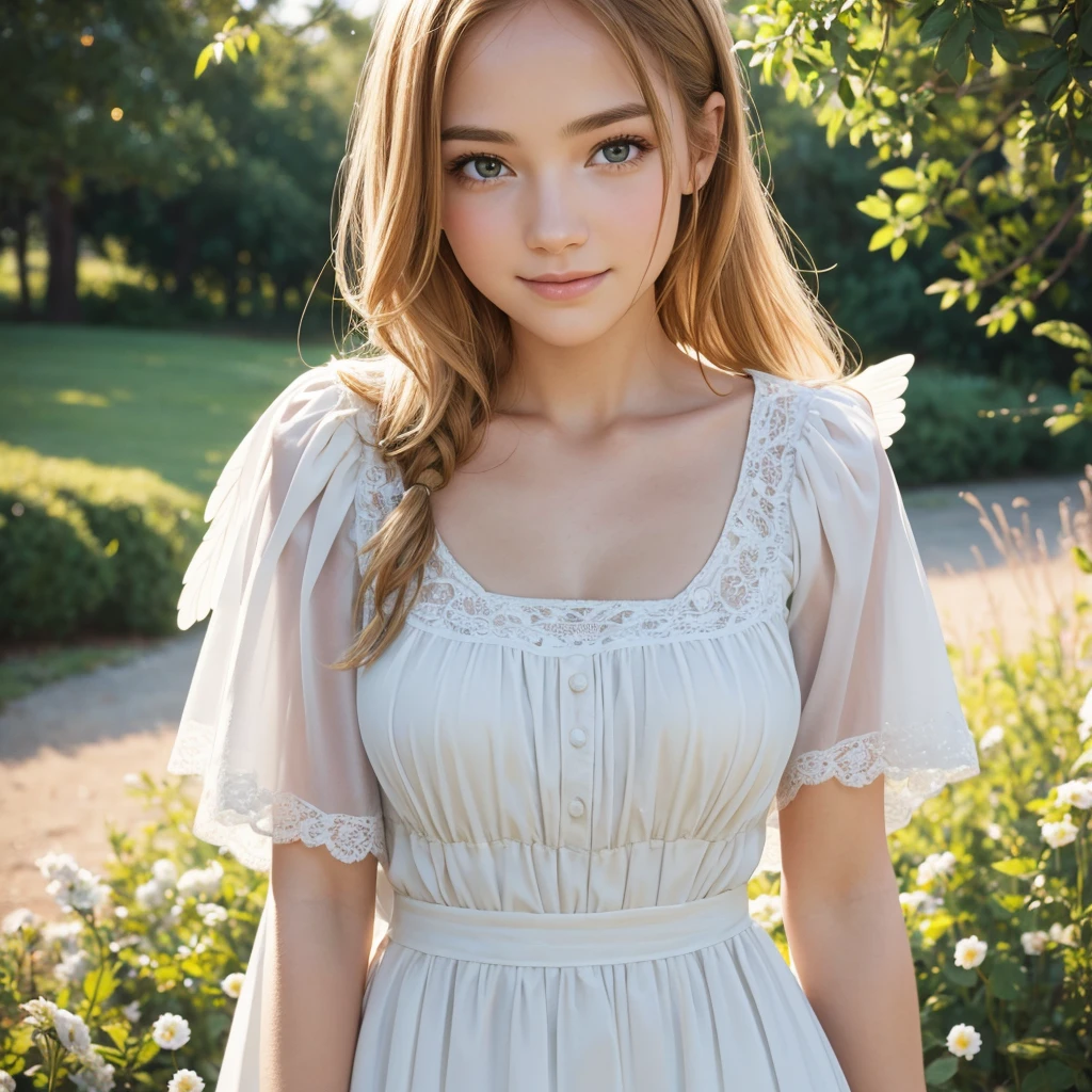 angel, armor gold , young redhead woman,beautiful readhead woman dress white, (masterpiece, best quality, high resolution:1.4), 1girl, angel, skin pores texture, Hair blonde, HD , Photography, movie, cinematic, full Body, Realistic, (8k, RAW photo, best quality, masterpiece:1.2), (realistic, photo-realistic:1.33), best quality, detailed eyes blue, cute, adorable,natural lighting, depth of field, film grain, wrinkled skin, sharp, detailed and realistic portrait of a woman ,(freckles:0.5) , outside, wearing a white skirt, staring at camera, chapped lips, smiling, soft natural lighting, portrait photography, magical photography, dramatic lighting, photo realism, ultra-detailed, intimate portrait composition, Leica 50mm,