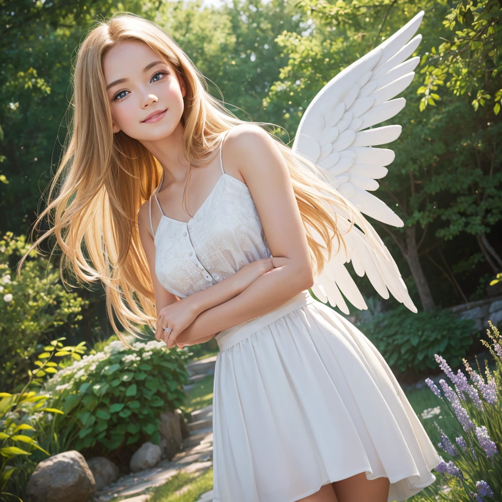 angel, armor gold , young redhead woman,beautiful readhead woman dress white, (masterpiece, best quality, high resolution:1.4), 1girl, angel, skin pores texture, Hair blonde, HD , Photography, movie, cinematic, full Body, Realistic, (8k, RAW photo, best quality, masterpiece:1.2), (realistic, photo-realistic:1.33), best quality, detailed eyes blue, cute, adorable,natural lighting, depth of field, film grain, wrinkled skin, sharp, detailed and realistic portrait of a woman ,(freckles:0.5) , outside, wearing a white skirt, staring at camera, chapped lips, smiling, soft natural lighting, portrait photography, magical photography, dramatic lighting, photo realism, ultra-detailed, intimate portrait composition, Leica 50mm,