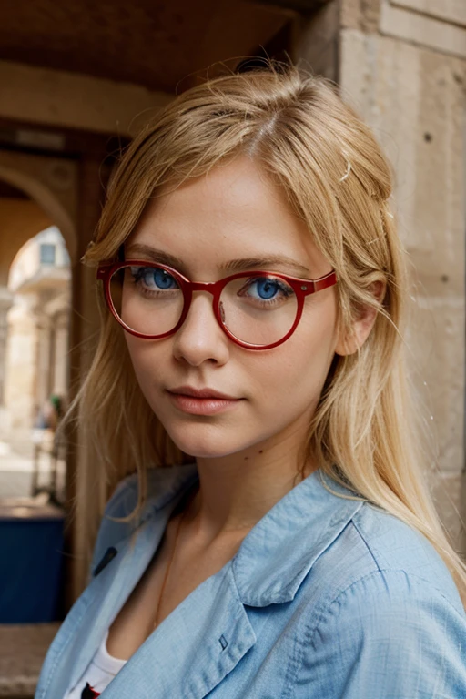 girl blond blue eyes red glasses rome
