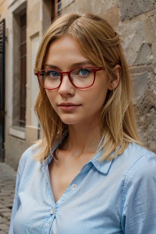 girl blond blue eyes red glasses rome