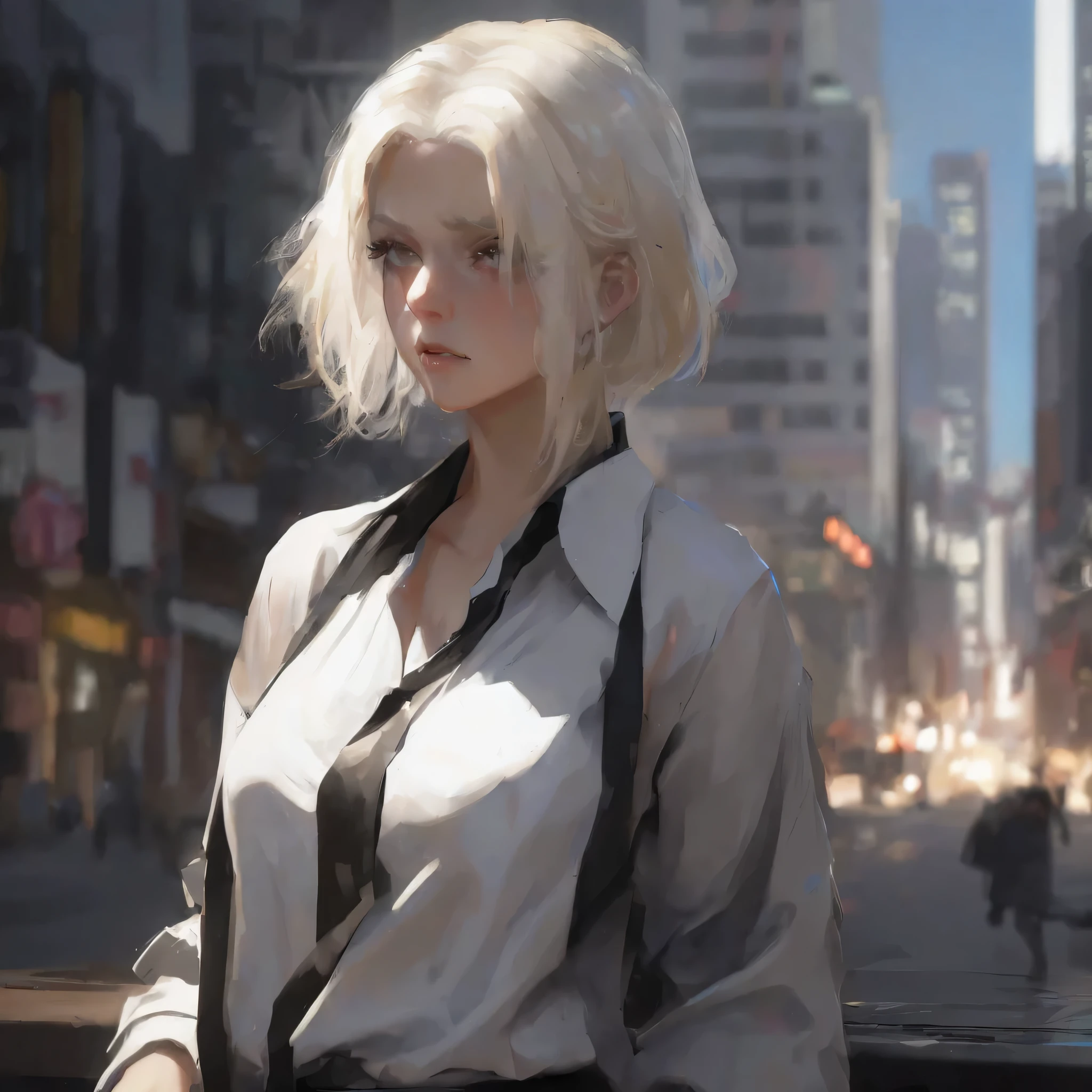 Blonde girl with white hair and black tie standing in the city, guweiz style artwork, guweiz, White short hair girl, rostlan style, white hair girl, Surreal cyberpunk style, Soft cyberpunk style, Popular topics on cgstation, wlop style, Smooth digital concept art, Rostland 8K, author：Yang Jie