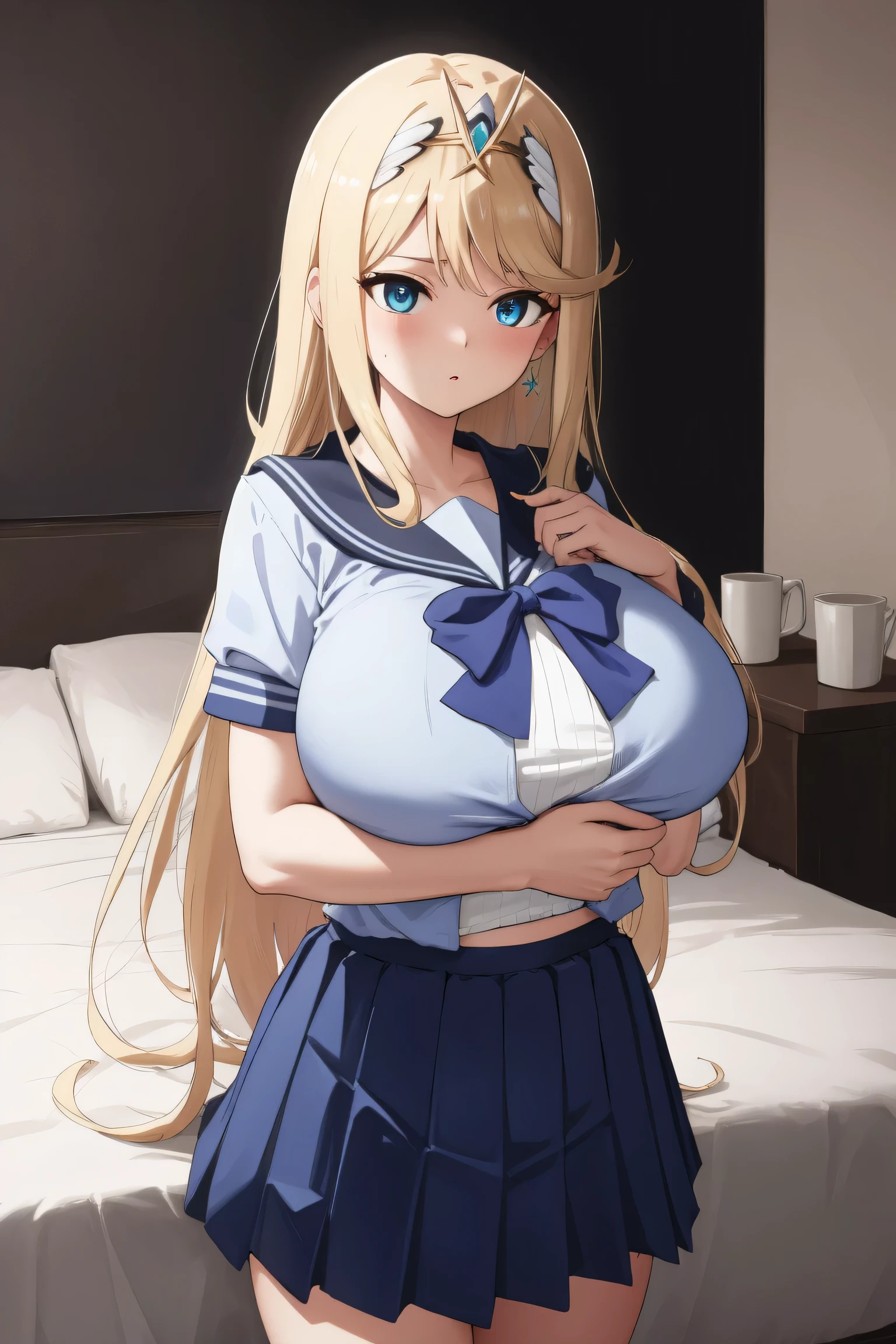 mythrarnd, tiara, earrings, chest jewel, huge breasts,
BREAK (blue skirt, white shirt, serafuku:1.2),
BREAK indoors, bed,
BREAK Wariza, standing,
BREAK (masterpiece:1.2), best quality, high resolution,NSW ,unity 8k wallpaper, (illustration:0.8), (beautiful detailed eyes:1.6), extremely detailed face, perfect lighting, extremely detailed CG, (perfect hands, perfect anatomy),