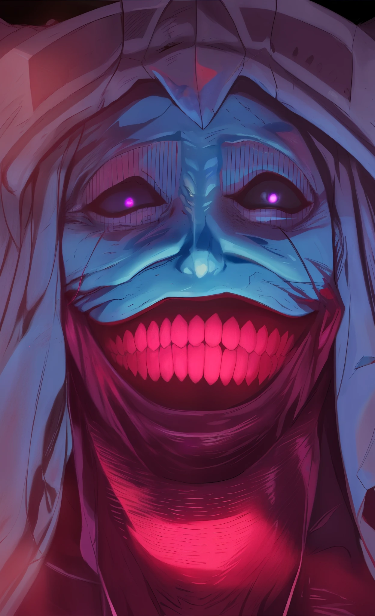 Samdoesart, um close up de uma ((blue statue)) com um rosto assustador, rocha, pedra, Evil smile and glowing eyes, sorriso maligno, wide sorriso maligno, Horror smile, horrible smile. Horror, sorrindo sinistramente, sorriso assustador, sorriso malicioso, evil villain smile, sorriso perverso, sorriso insano, malevolent smile, Evil smile, sorriso largo, Mal insano riso sorridente, pintura pastel, detalhado, solo levening