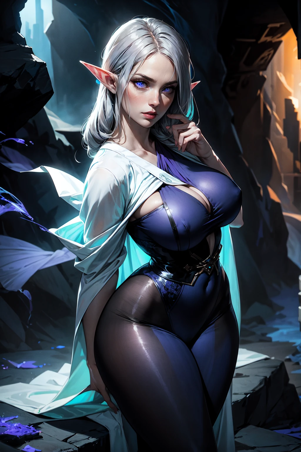 (masterpiece, best quality, perfect face, beautiful and aesthetic:1.2, dynamic angle, highest detailed face), (beautiful female elf witch, long messy silver hair, purple eyes, huge breasts, narrow waist, perfect fit body), shapely butt, thick tights, (fawless porcelain skin:1.8, pale skin:1.3), perfect fit body, (inside dark desolated cave), (blue purple theme:1.2), glowing, (blue aura:1.2), (blue energy), floating hair, telekinesis, blue energy magic swirling around), (extremely detailed eyes), detailed skin, skin pores, ((very revealing white robes)), enchanting gaze, full body portrait, cinematic lighting, darkness, dark scene, (dim light), mute lighting, dimly lit, looking at viewer, seductive pose:1.4, full shot, (solo:1.4), (high quality, CG, 4k, extremely detailed, hyper realism, dramatic light, sharp, HDR)