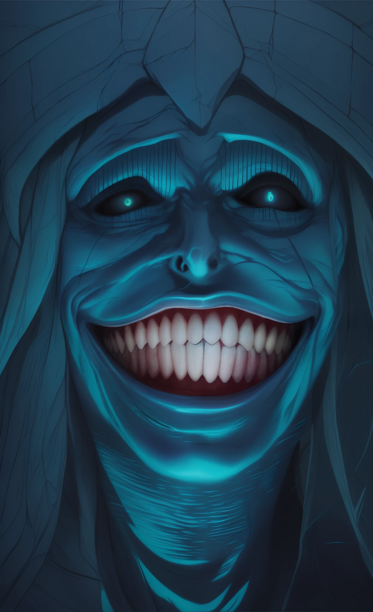 um close up de uma ((blue statue)) com um rosto assustador, rocha, pedra, Evil smile and glowing eyes, sorriso maligno, wide sorriso maligno, Horror smile, horrible smile. Horror, sorrindo sinistramente, sorriso assustador, sorriso malicioso, evil villain smile, sorriso perverso, sorriso insano, malevolent smile, Evil smile, sorriso largo, Mal insano riso sorridente, pintura pastel, detalhado, solo levening