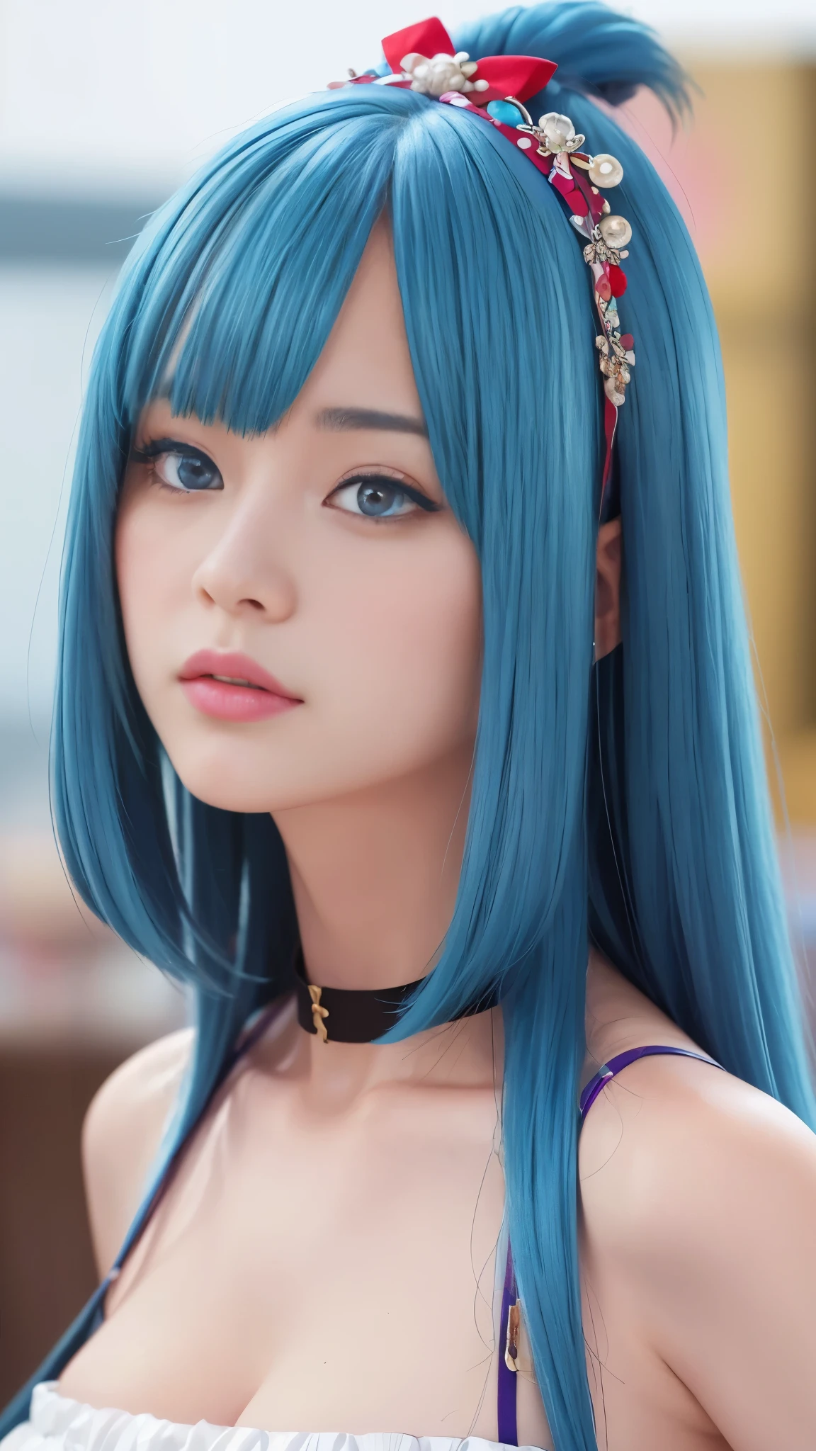 (8K, 4K, highest quality, High resolution:1.4), (marster piece, realistic, Photo realistic:1.37), 1 girl, alone, 美New顔, eyelash, nose, glossy lips, (fine eyes, looking at the audience, Fair skin, Fair skin:1.5), Delicate complexion, Upper body, big breasts, Plump ,,, open-air bath, both sides up, ridiculously long hair, blue hair, blue hair, bangs, hair accessory, bow, like々New, big breasts, red eyes, japanese goddess