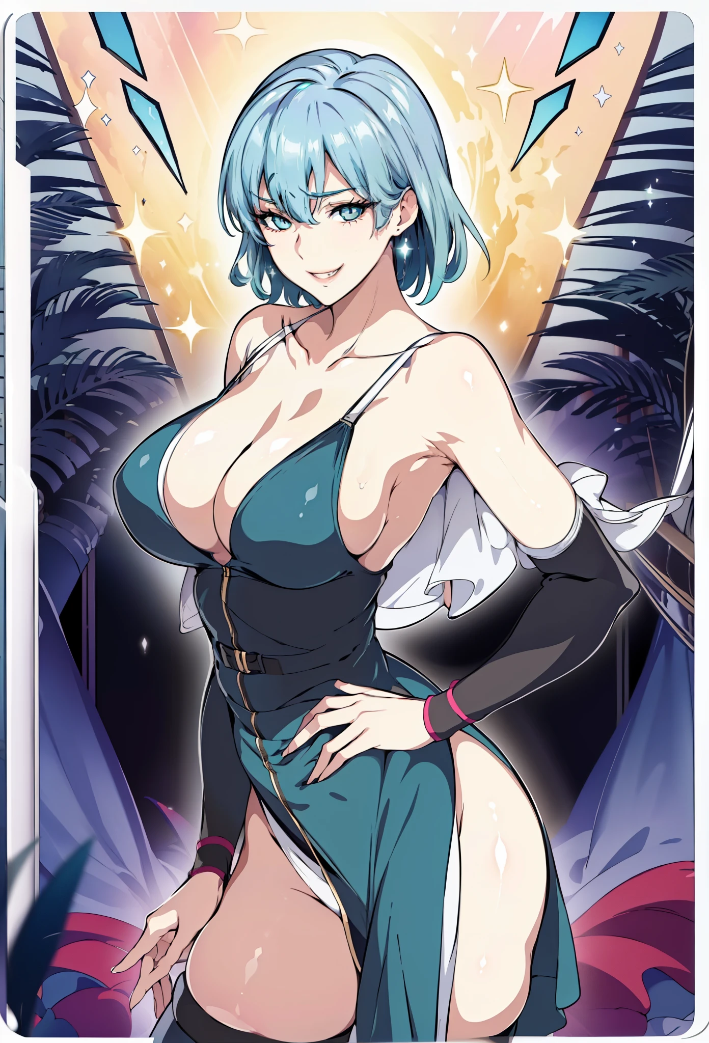 ((smile, grin)), detached sleeve, bare shoulders, cleavage, collarbone, glasses, (( a little Dark Blue hair)), (Cyan fading hair below part), white eyes,lBangs,short hair,
1 girl, 20yo,Young female, Beautiful Nose,Beautiful character design, perfect big eyes, perfect face,expressive eyes,perfect balance,
looking at viewer,(Focus on her face),closed mouth, (innocent_big_eyes:1.0),Light_Smile, large breasts, cleavage,
official art, (Beautiful,large_Breasts:1.6), (beautiful_face:1.5),(narrow_waist),