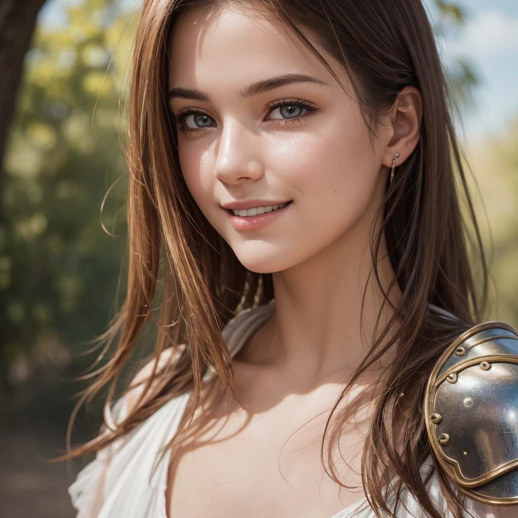 armor gold , young redhead woman,beautiful readhead woman dress white, (masterpiece, best quality, high resolution:1.4), 1girl, angel, skin pores texture, Hair blonde, HD , Photography, movie, cinematic, full Body, Realistic, (8k, RAW photo, best quality, masterpiece:1.2), (realistic, photo-realistic:1.33), best quality, detailed eyes blue, cute, adorable,natural lighting, depth of field, film grain, wrinkled skin, sharp, detailed and realistic portrait of a woman ,(freckles:0.5) , outside, wearing armor, staring at camera, chapped lips, smiling, soft natural lighting, portrait photography, magical photography, dramatic lighting, photo realism, ultra-detailed, intimate portrait composition, Leica 50mm,