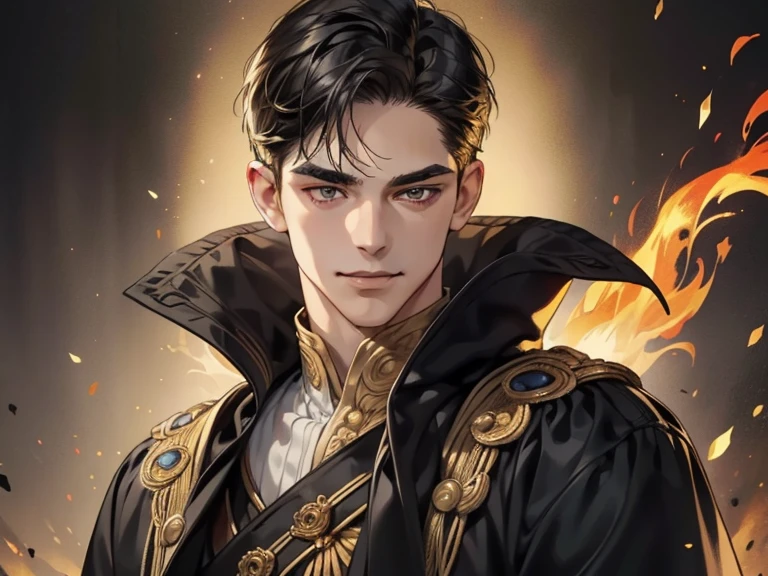 masterpiece, best quality, realistic, 1man, mature male, quiet and charming young man, 25 year old, a smirk, closed mouth, portrait, extremely detailed face, cold and smirk, ((dark gold eyes)), ((short-right-swept dark black hair)), [thick eyebrows], dark palace, ((King)), dim light, evil, fire background