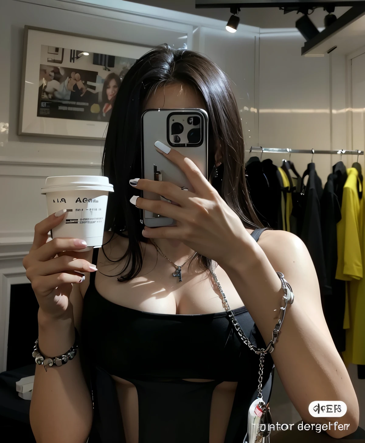 woman taking a selfie with her cell phone while holding a cup of coffee, wearing black camisole outfit, necklace, wearing a black cropped tank top, wearing a cropped black tank top, in style of chrome hearts, wearing a sexy cropped top, goth girl aesthetic, wearing two silver bracelets!, goth aesthetic, she is wearing a black tank top, beads cross onbare chest