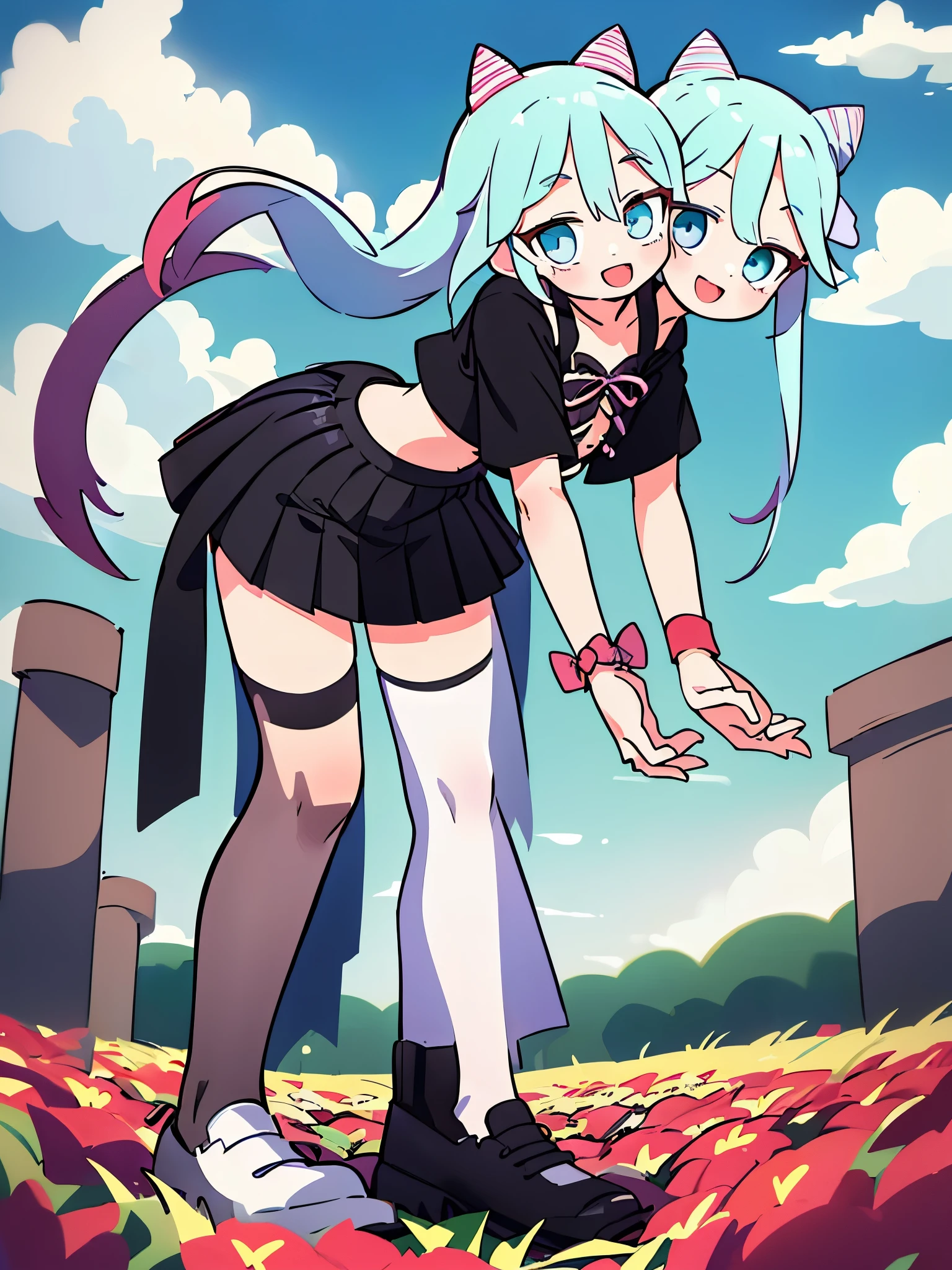 (2heads:1.5), masterpiece, best quality, rosado, otoko no ko, cone hair buns, hair bow, black crop top, wristband, black skirt, single thighhigh, looking at viewer, leaning forward, smile, furrowed brow, open mouth, hands to heart, field, clouds, sky, hands on hip 