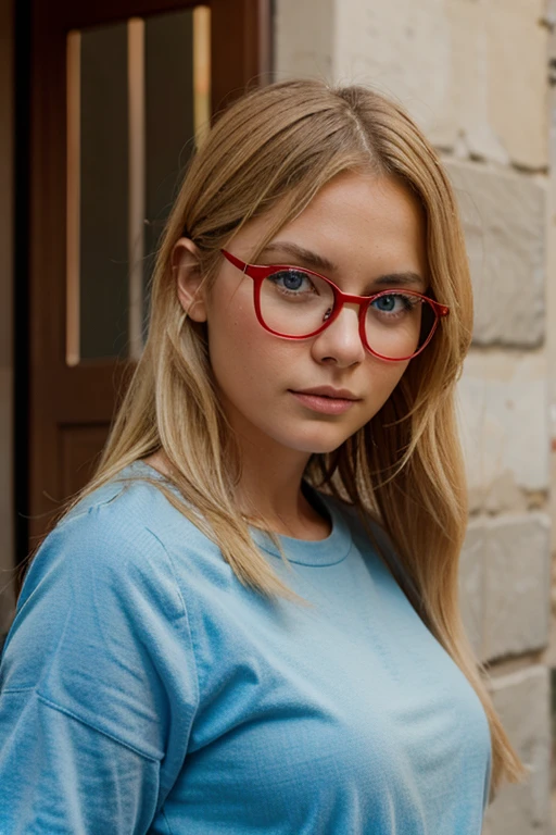girl blond blue eyes red glasses rome