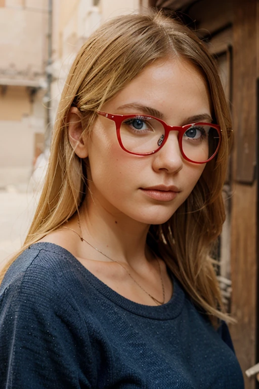 girl blond blue eyes red glasses rome