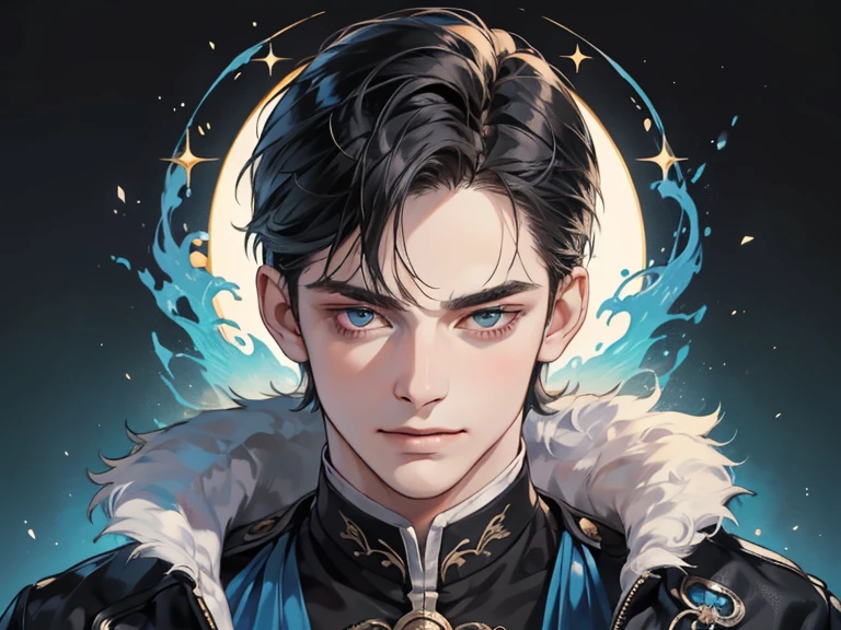 masterpiece, best quality, realistic, 1man, mature male, quiet and charming young man, 17 year old, a smirk, closed mouth, portrait, extremely detailed face, cold and smirk, ((blue eyes)), ((short-right-swept dark black hair)), [thick eye brows], dark palace, ((King)), dim light, evil, blue fire background