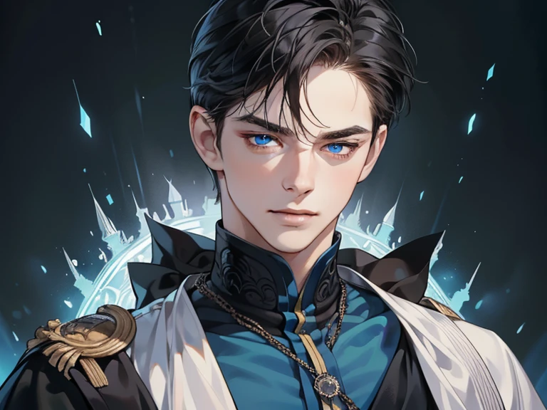 masterpiece, best quality, realistic, 1man, mature male, quiet and charming young man, , a smirk, closed mouth, portrait, extremely detailed face, cold and smirk, ((blue eyes)), ((short-right-swept dark black hair)), [thick eye brows], dark palace, ((King)), dim light, evil, blue fire background