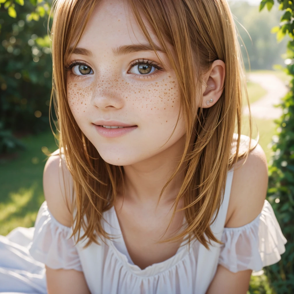 angel, armor gold , young redhead woman，beautiful readhead woman, (((freckles))) dress white, (masterpiece, best quality, high resolution:1.4), 1girl, angel, skin pores texture, Hair blonde, HD , Photography, movie, cinematic, full Body, Realistic, (8k, RAW photo, best quality, masterpiece:1.2), (realistic, photo-realistic:1.33), best quality, detailed eyes blue, cute, adorable,natural lighting, depth of field, film grain, wrinkled skin, sharp, detailed and realistic portrait of a woman ,(freckles:0.5) , outside, wearing a white skirt, staring at camera, chapped lips, smiling, soft natural lighting, portrait photography, magical photography, dramatic lighting, photo realism, ultra-detailed, intimate portrait composition, Leica 50mm,
