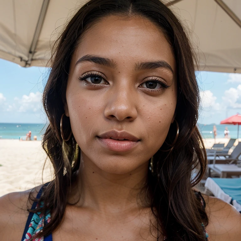 Stunning African American female, full lips, wide nose, beach View big breasts