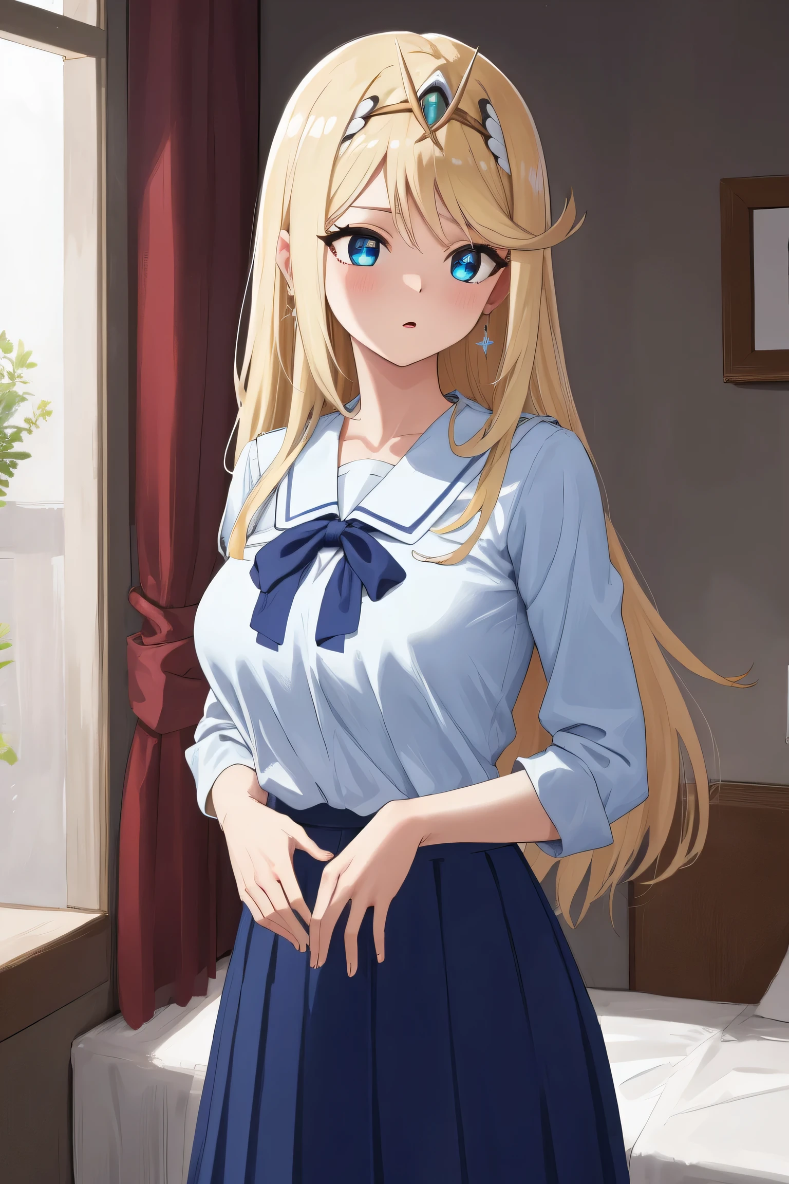 mythrarnd, tiara, earrings, chest jewel, large breasts,
BREAK (blue skirt, white shirt, serafuku:1.2),
BREAK indoors, bed,
BREAK Wariza, standing,
BREAK (masterpiece:1.2), best quality, high resolution,NSW ,unity 8k wallpaper, (illustration:0.8), (beautiful detailed eyes:1.6), extremely detailed face, perfect lighting, extremely detailed CG, (perfect hands, perfect anatomy),