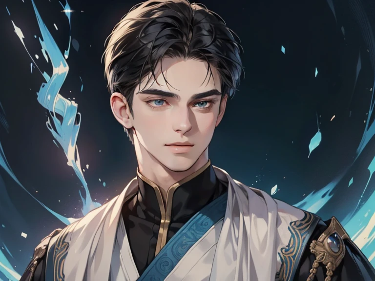 masterpiece, best quality, realistic, 1man, mature male, quiet and charming young man, 17 year old, a smirk, closed mouth, portrait, extremely detailed face, cold and smirk, ((blue eyes)), ((short-right-swept dark black hair)), [thick eye brows], dark palace, ((King)), dim light, evil, blue fire background