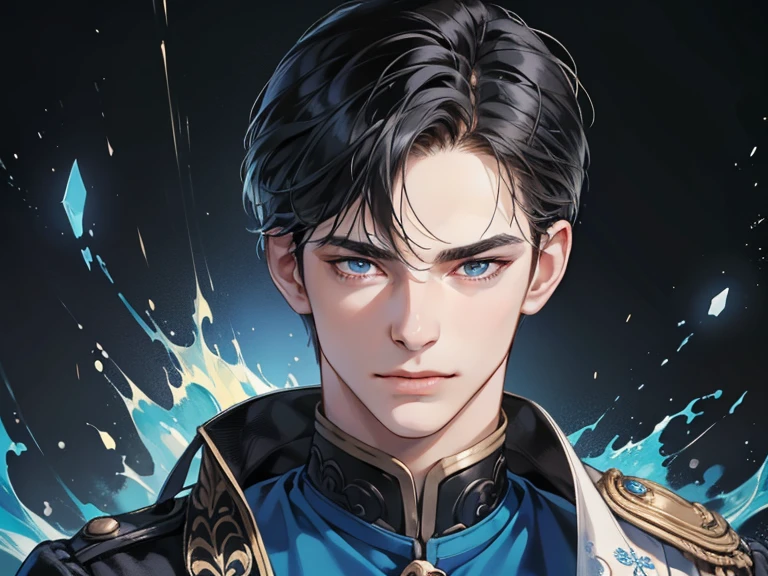 masterpiece, best quality, realistic, 1man, mature male, quiet and charming young man, 17 year old, a smirk, closed mouth, portrait, extremely detailed face, cold and smirk, ((blue eyes)), ((short-right-swept dark black hair)), [thick eye brows], dark palace, ((King)), dim light, evil, blue fire background