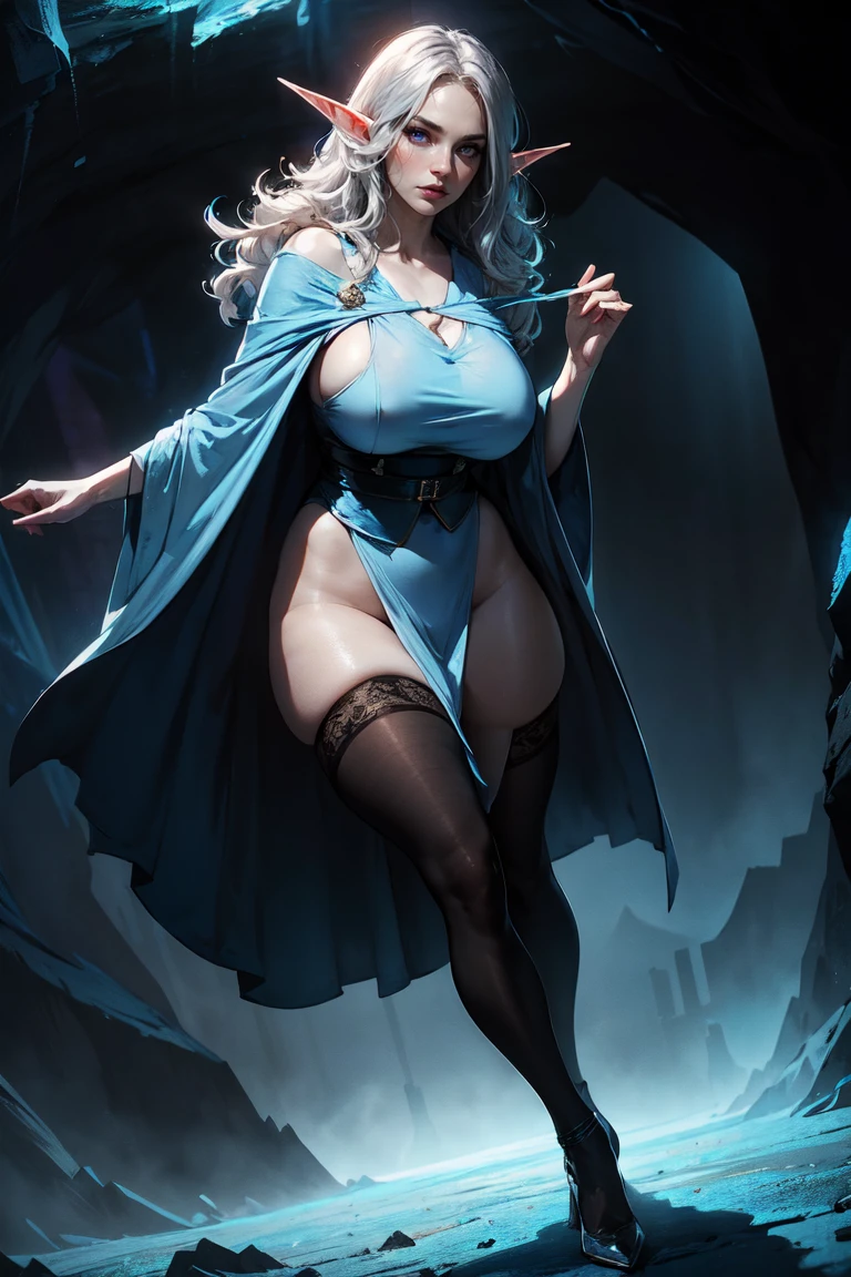 (masterpiece, best quality, perfect face, beautiful and aesthetic:1.2, dynamic angle, highest detailed face), (beautiful female elf witch, long messy silver hair, purple eyes, huge breasts, narrow waist, perfect fit body), shapely butt, thick tights, (fawless porcelain skin:1.8, pale skin:1.3), perfect fit body, (inside dark desolated cave), (blue theme:1.2), glowing, (blue aura:1.2), (blue energy), floating hair, telekinesis, blue energy magic swirling around), (extremely detailed eyes), detailed skin, skin pores, ((very revealing white robes)), enchanting gaze, full body portrait, cinematic lighting, darkness, dark scene, (dim light), mute lighting, dimly lit, looking at viewer, seductive pose:1.4, full shot, (solo:1.4), (high quality, CG, 4k, extremely detailed, hyper realism, dramatic light, sharp, HDR)