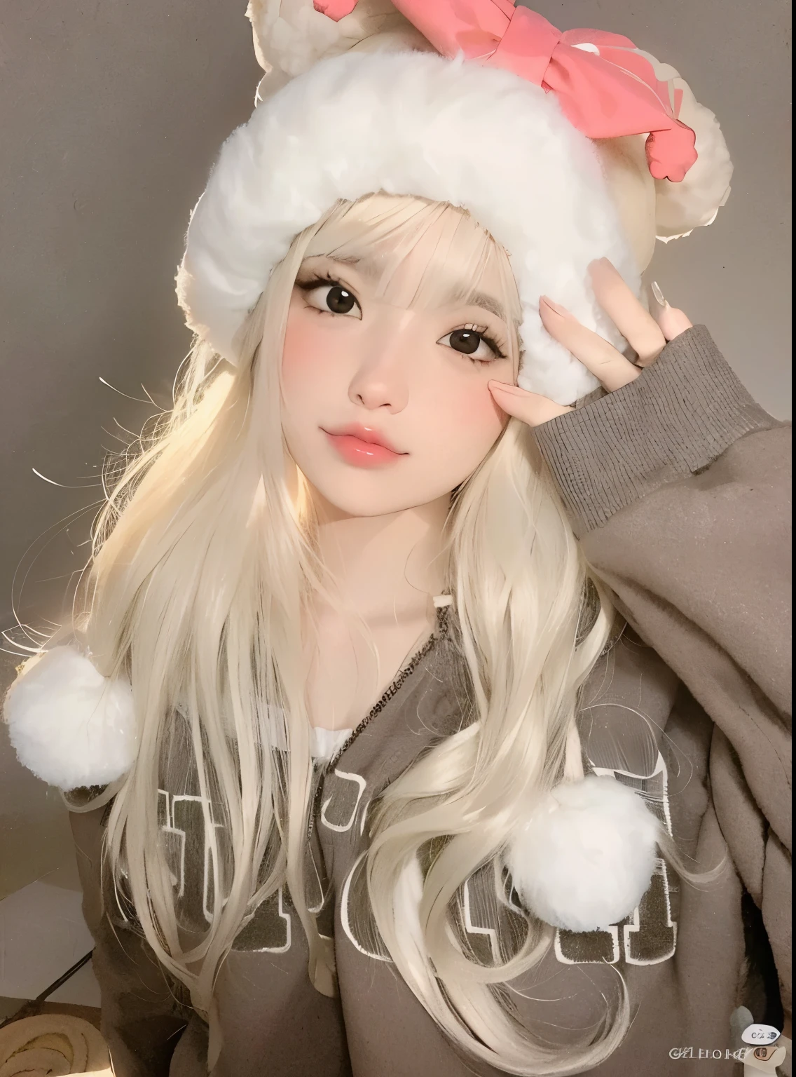 blond girl com longos cabelos brancos wearing a santa hat, com cabelos longos brancos, garota de cabelos brancos perfeita, com longos cabelos brancos, longos cabelos brancos e franja, Ulzzang, sakimichan, Retrato realista kawaii, linda garota kawaii, penteado com corte hime branco, coelhinha doce ultrarrealista, ruan fofo vtuber, com cabelo branco