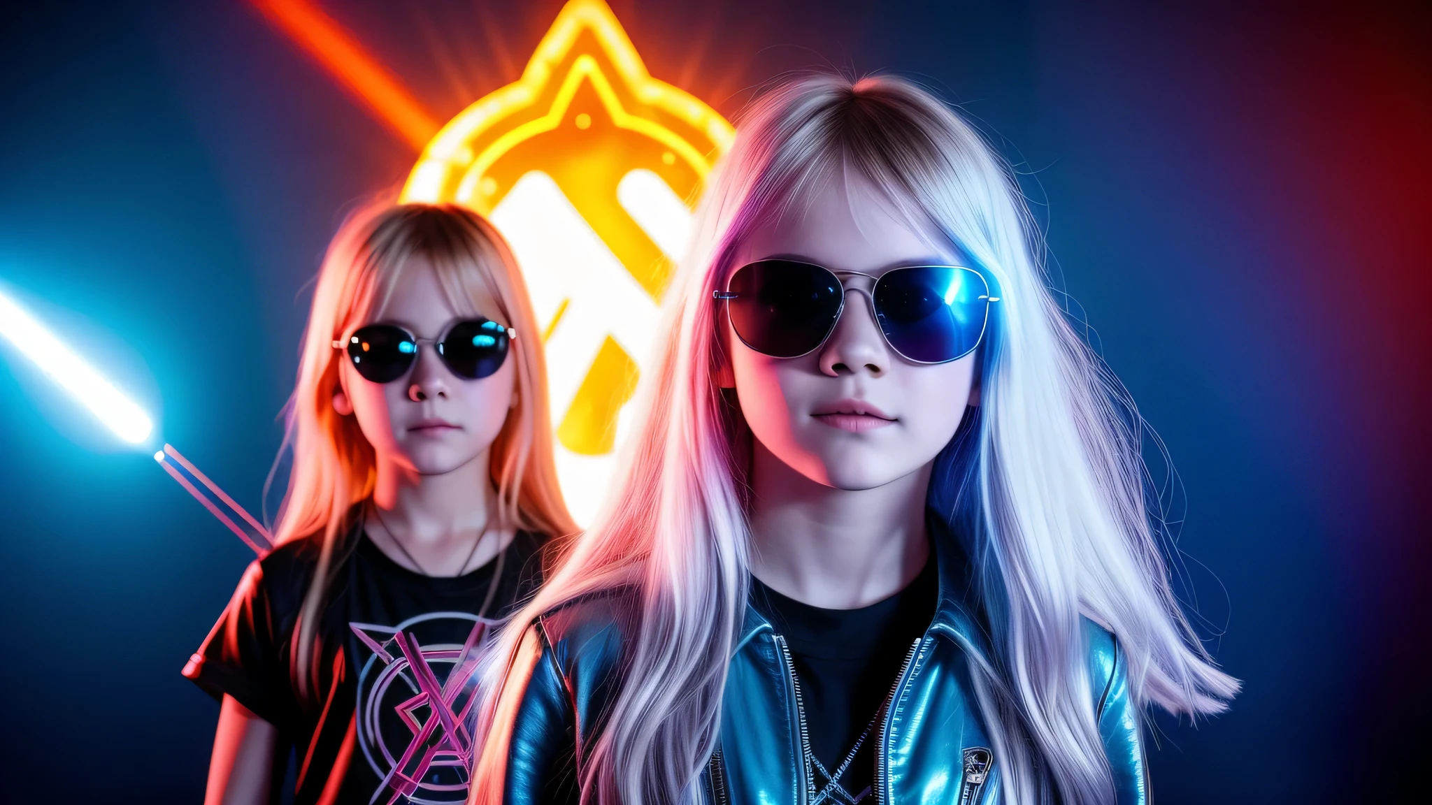 image of a kids girls blonde with sunglasses and a sign, halo on fire, heavy metal band promo,BLUE lasers.