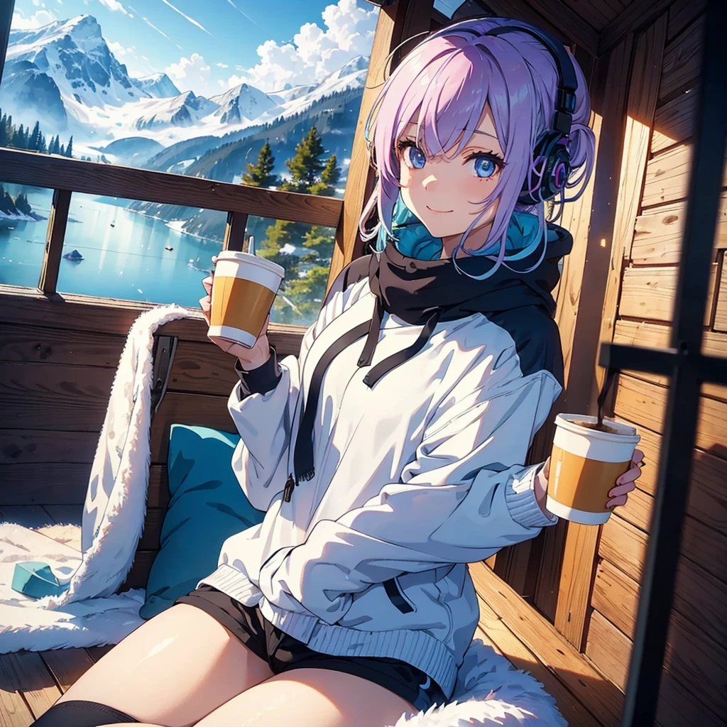 A young woman with tied-up colored hair and eyes resembling a rainbow, listening to calm music on headphones, with a sexy smile, holding a cup of coffee, dressed in cold weather clothing, in a chalet at the base of a mountain. An image that inspires calmness, tranquility, lightness, simplicity, and comfort.