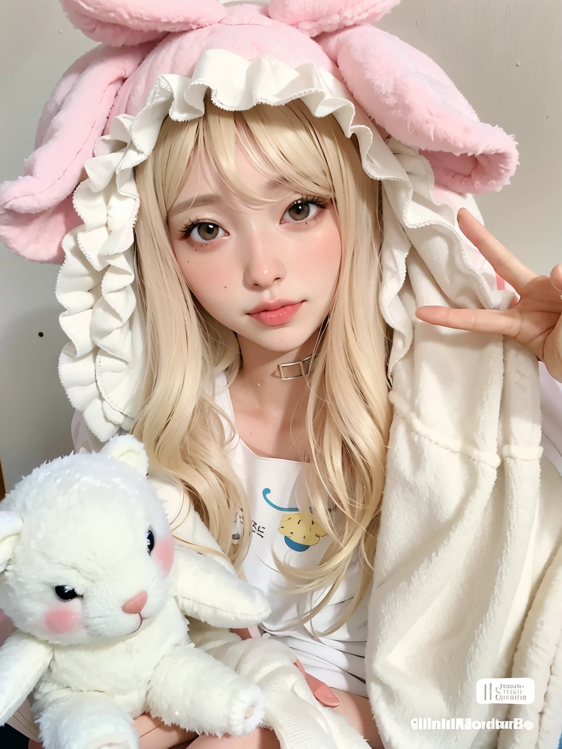 blonde haired woman in a pink and white robe holding a stuffed animal, ultrarrealista doce coelhinho , Nice kawaii, with long drooping rabbit ears, muito bonita gatinha fofa, Ruan Vtuber Fofo, Anime Garota Cosplay, linda Delfina, retrato realista kawaii, anime na vida real, Kemonomimi, cute smoke stuffed bunny