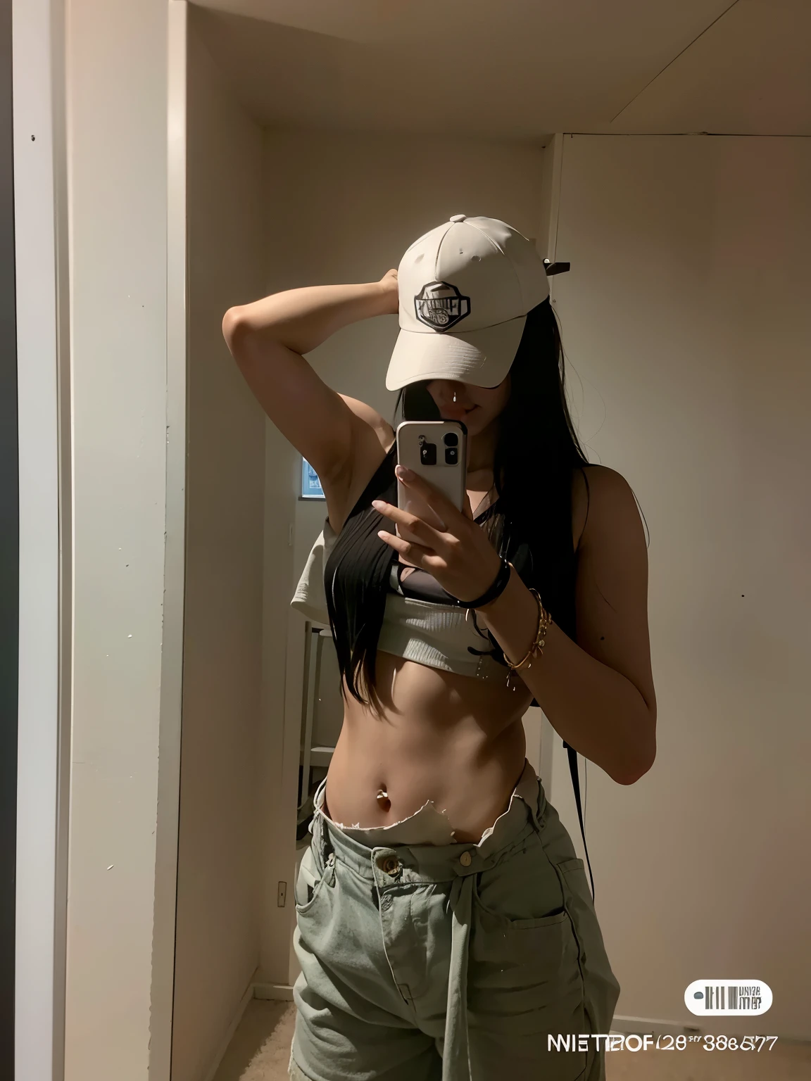 there is a woman taking a selfie in a mirror, her belly button is exposed, 2 4 old female model, tinyest midriff ever, belly button showing, physical : tinyest midriff ever, she is wearing streetwear, wearing a sexy cropped top, wearing a chocker and cute hat, y 2 k style, y2k style