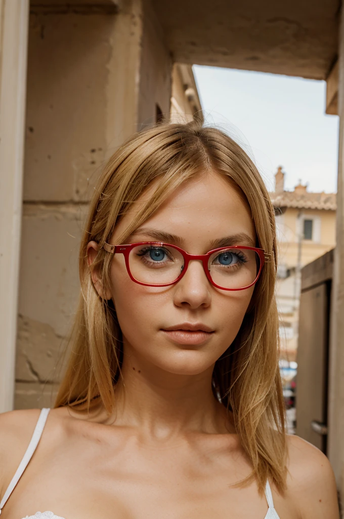 girl blond blue eyes red glasses rome