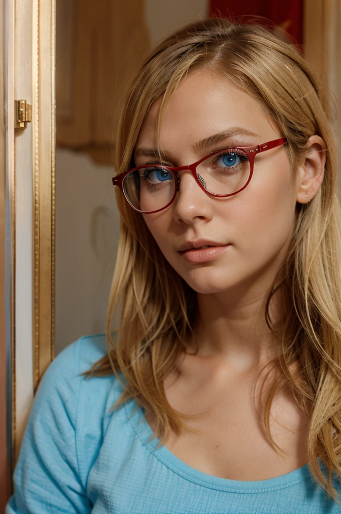 girl blond blue eyes red glasses rome