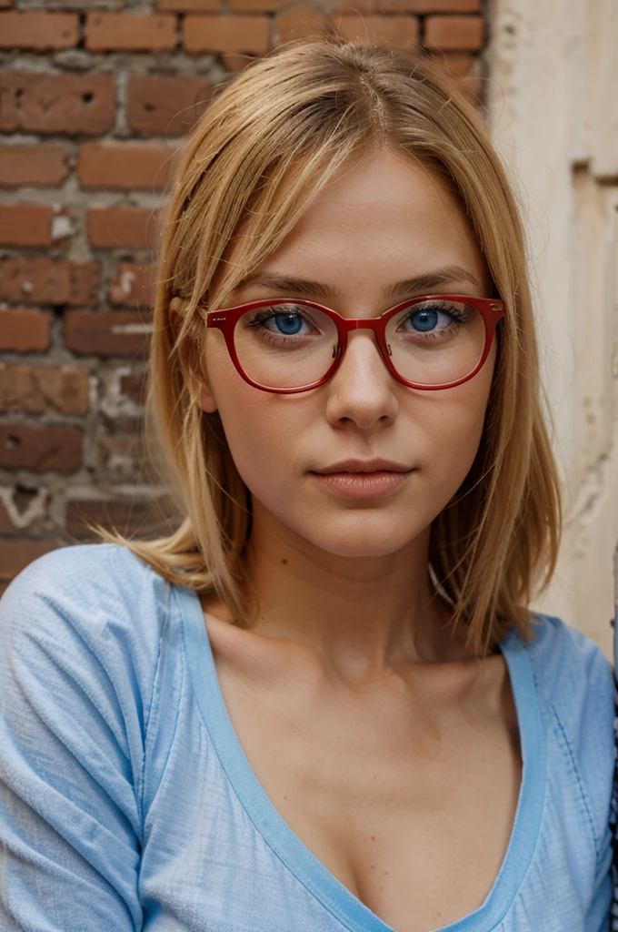 girl blond blue eyes red glasses rome