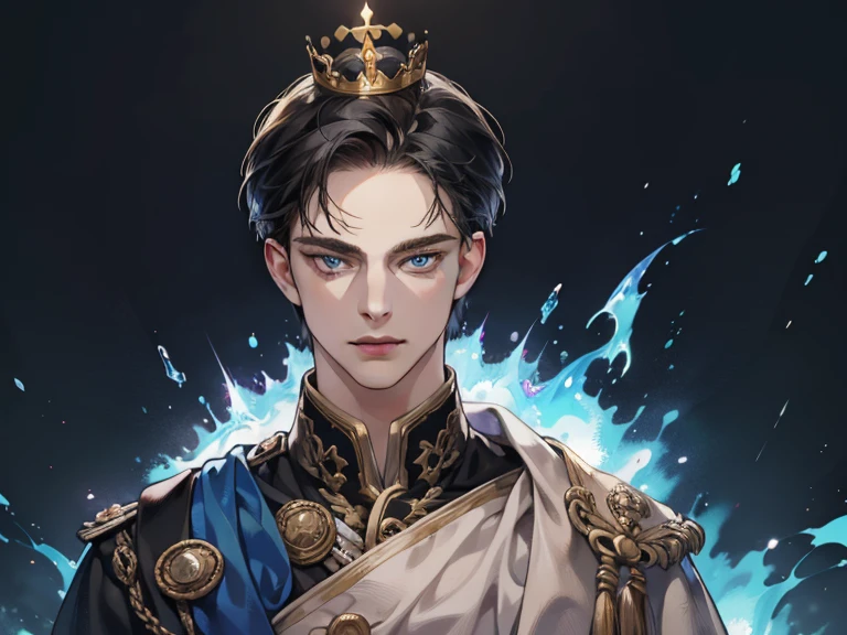 masterpiece, best quality, realistic, 1man, mature male, quiet and charming young man, 17 year old, a smirk, pale skin, dark under eyes, closed mouth, portrait, extremely detailed face, cold and smirk, ((blue eyes)), ((short-right-swept dark black hair)), [thick eye brows], wearing a crowned, dark palace, ((King)), dim light, evil, blue fire background