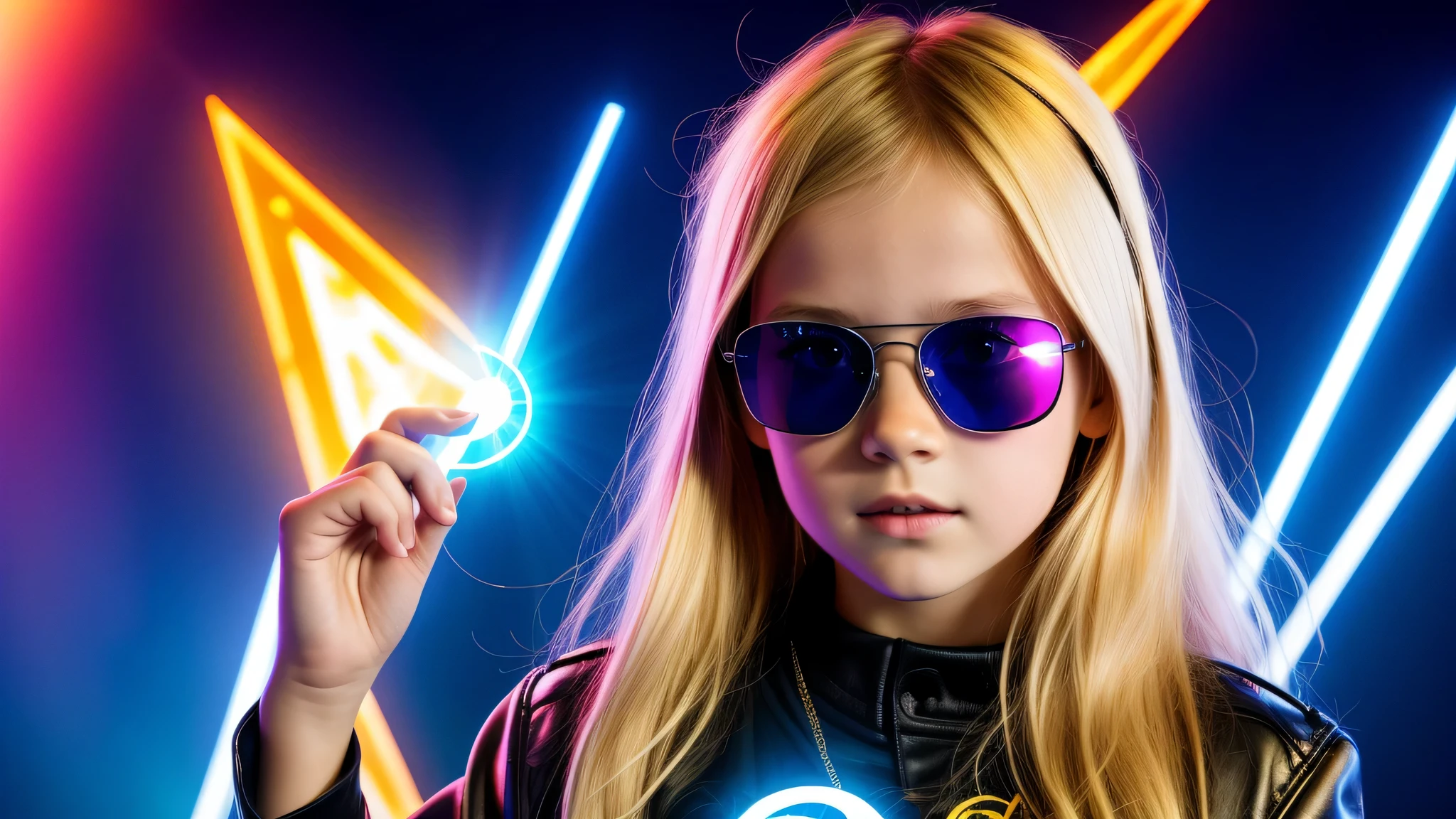 image of a kids girls blonde with sunglasses and a sign, halo on fire, heavy metal band promo,BLUE lasers.